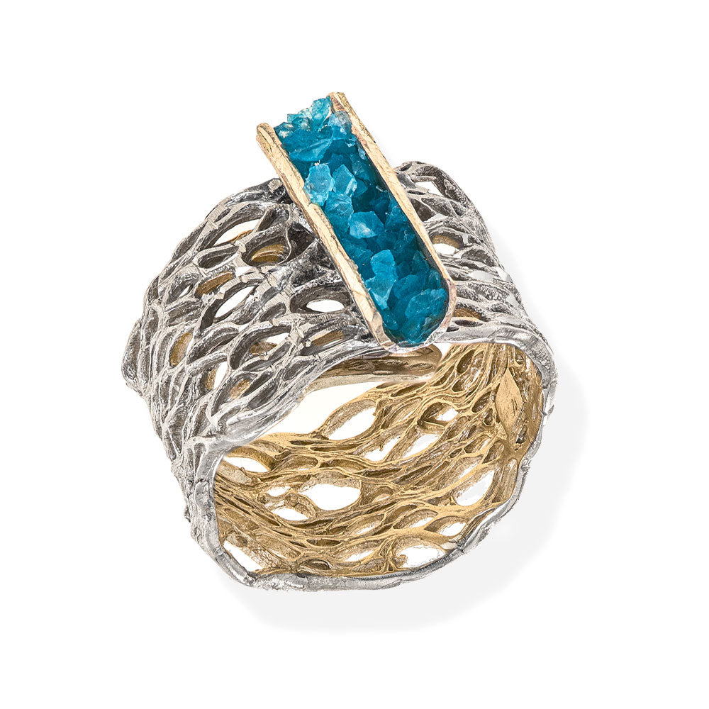 Handmade Diamond Curved Silver Plated Ring With Turquoise Crystals - Anthos Crafts