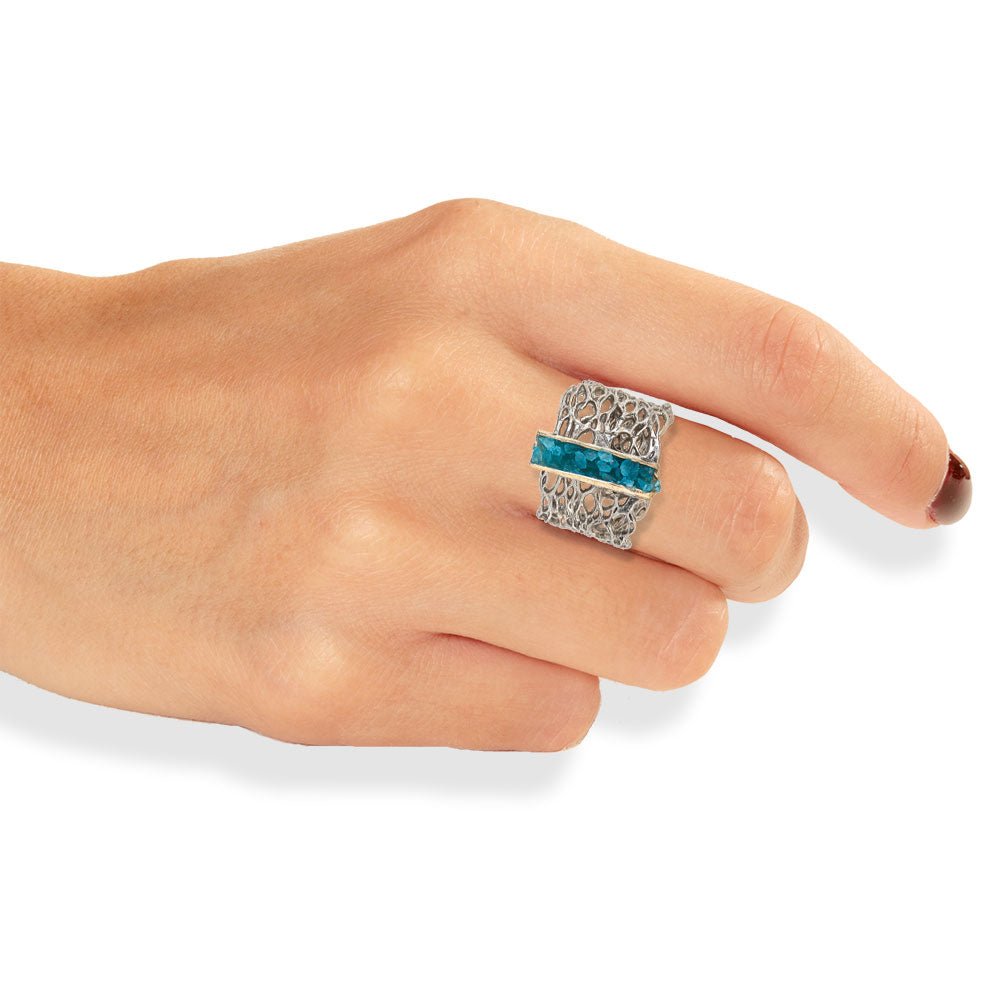 Handmade Diamond Curved Silver Plated Ring With Turquoise Crystals - Anthos Crafts