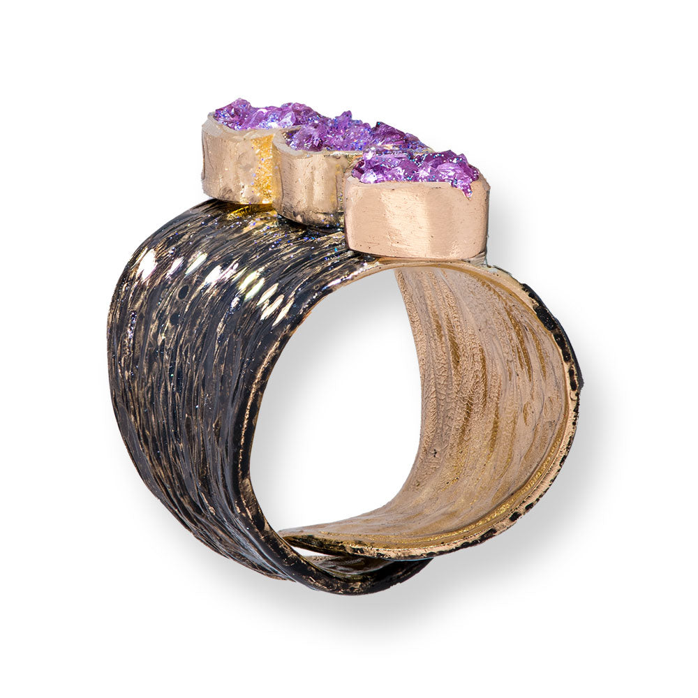 Handmade Black & Gold Plated Ring Diamond Curved With Purple Crystals - Anthos Crafts