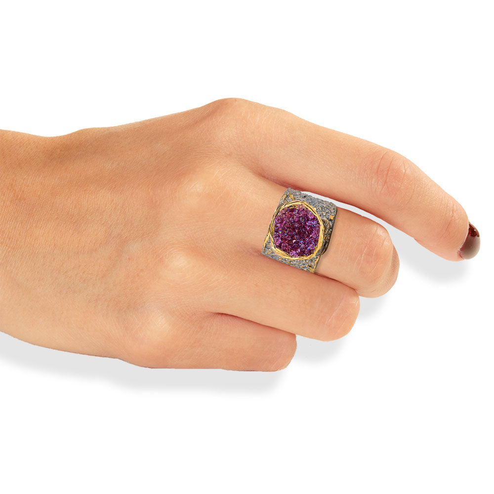 Handmade Silver Plated Bronze Ring Diamond Curved With Purple Crystals - Anthos Crafts