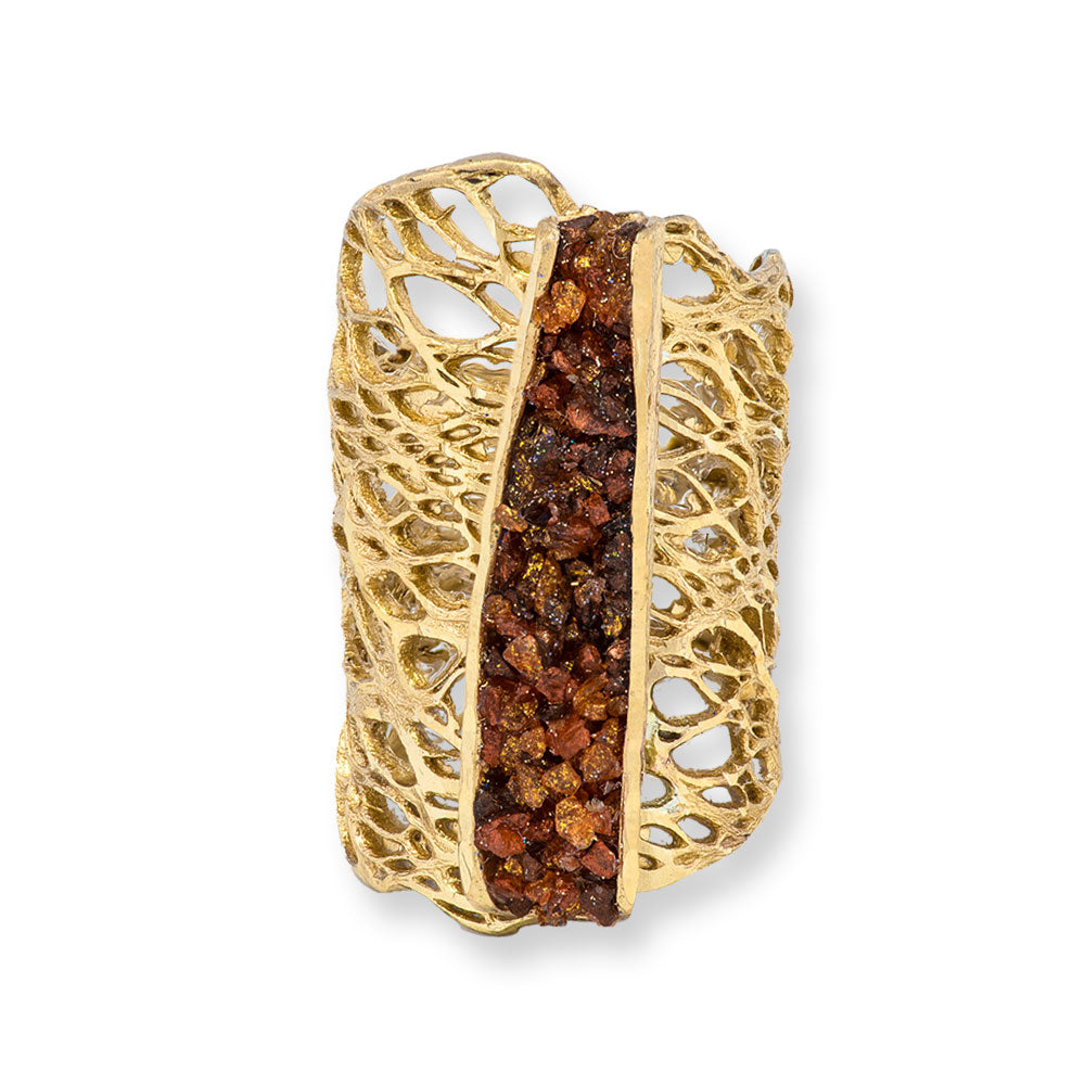 Handmade Gold Plated Ring Diamond Curved With Crystals In The Color Of Carnelian - Anthos Crafts