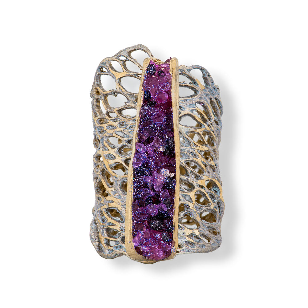 Handmade Silver Plated Ring Diamond Curved With Purple Crystals - Anthos Crafts