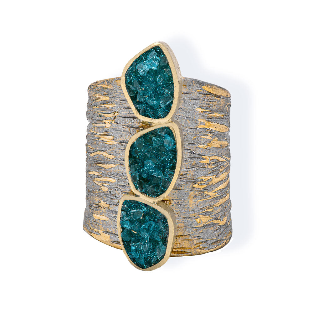 Handmade Gold & Silver Plated Ring Diamond Curved With Turquoise Crystals - Anthos Crafts