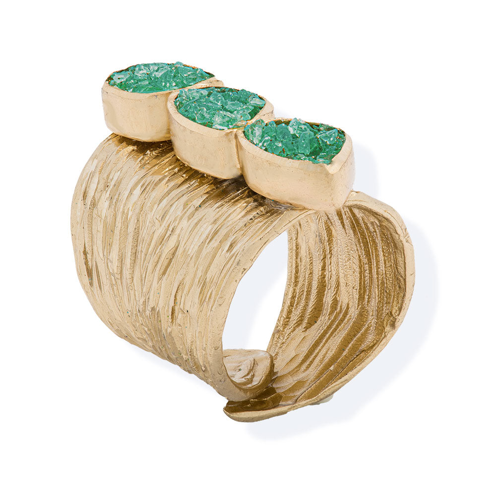 Handmade Gold Plated Ring Diamond Curved With Aqua Crystals - Anthos Crafts