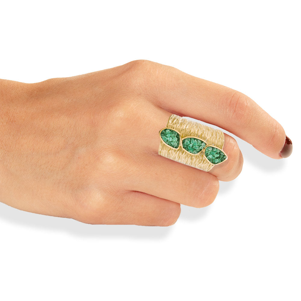 Handmade Gold Plated Ring Diamond Curved With Aqua Crystals - Anthos Crafts
