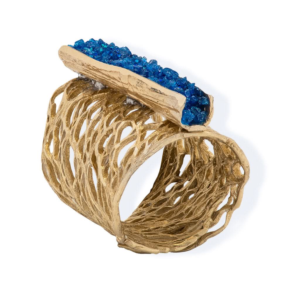 Handmade Gold Plated Ring Diamond Curved With Light Blue Crystals - Anthos Crafts