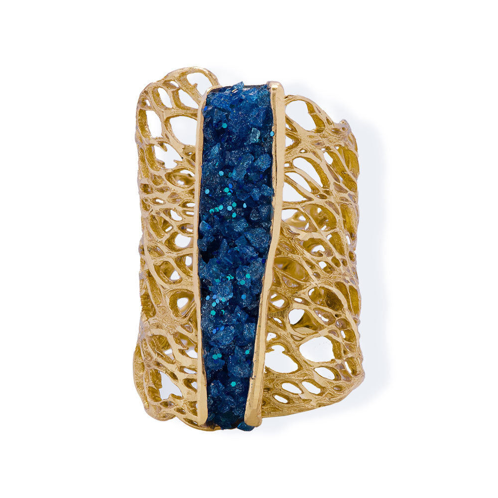 Handmade Gold Plated Ring Diamond Curved With Light Blue Crystals - Anthos Crafts