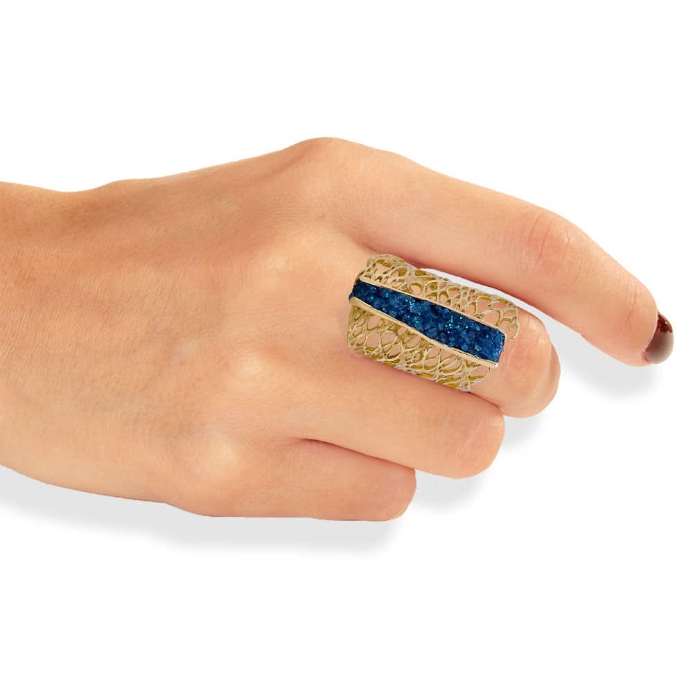 Handmade Gold Plated Ring Diamond Curved With Light Blue Crystals - Anthos Crafts