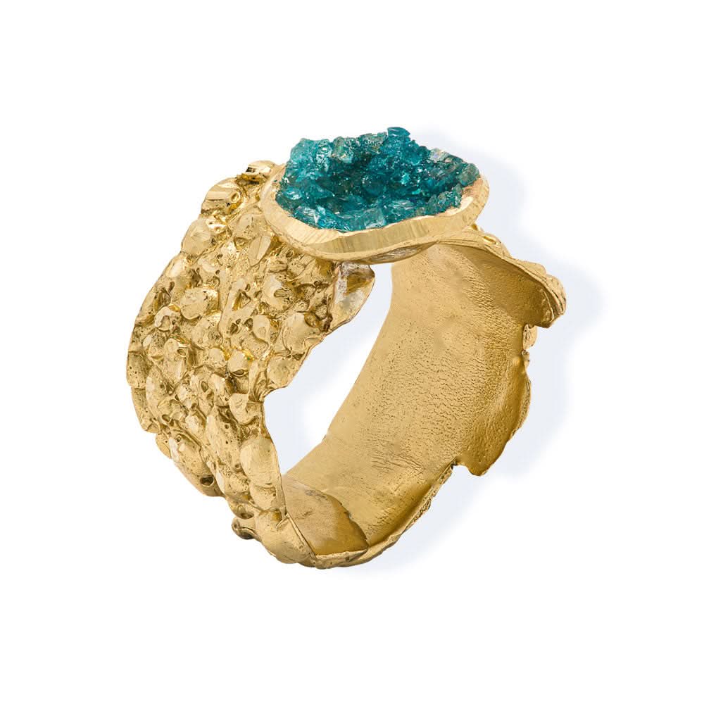 Handmade Gold Plated Ring Diamond Curved With Turquoise Crystals - Anthos Crafts