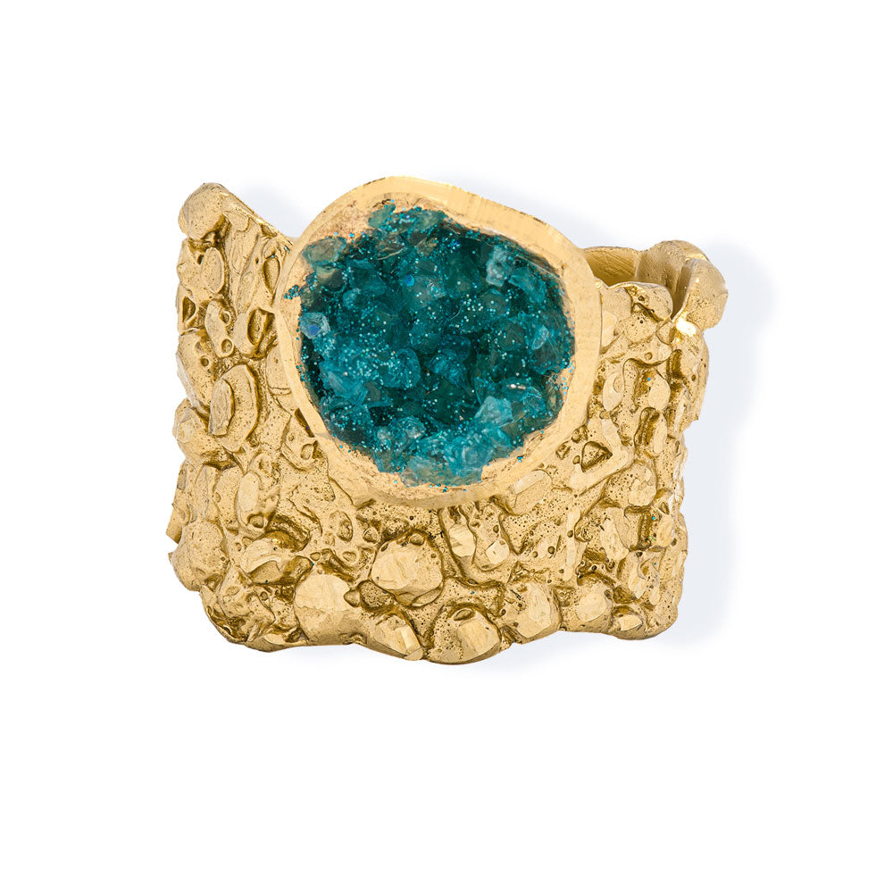Handmade Gold Plated Ring Diamond Curved With Turquoise Crystals - Anthos Crafts