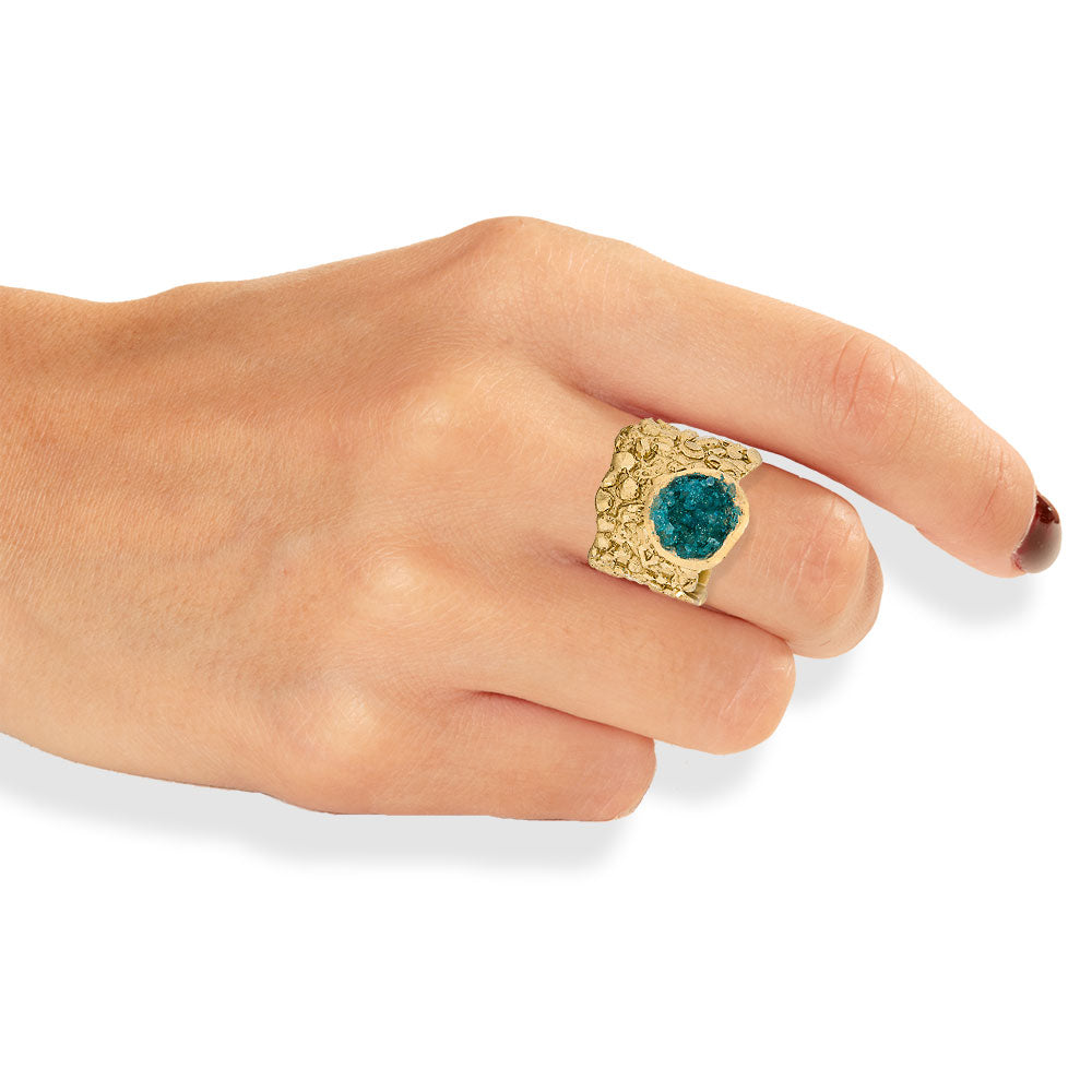 Handmade Gold Plated Ring Diamond Curved With Turquoise Crystals - Anthos Crafts