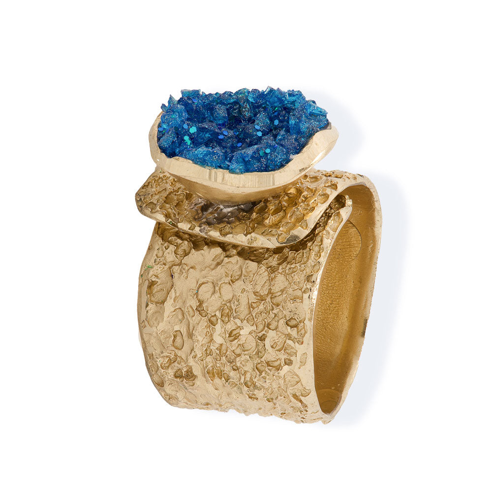 Handmade Gold Plated Bronze Ring Diamond Curved With Light Blue Crystals - Anthos Crafts