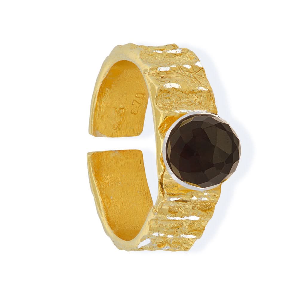 Handmade Gold Plated Silver Diamond Curved Ring With Black Crystal - Anthos Crafts