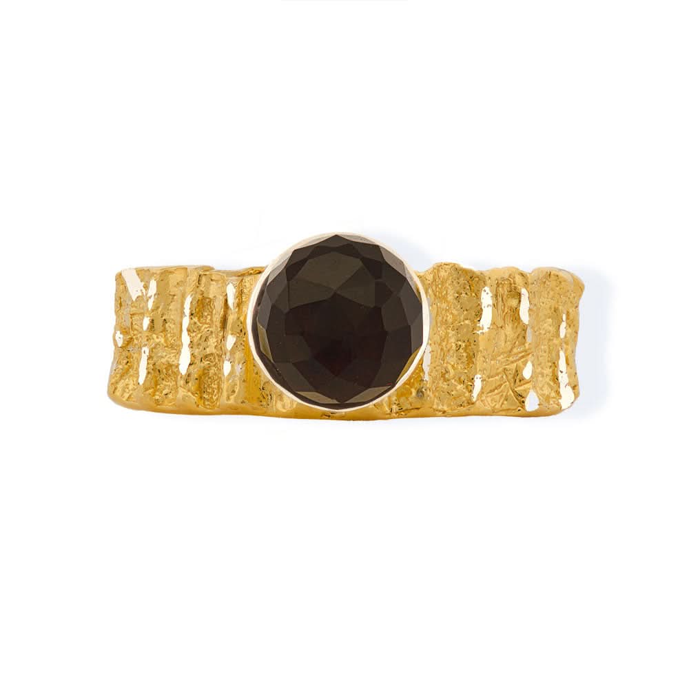 Handmade Gold Plated Silver Diamond Curved Ring With Black Crystal - Anthos Crafts