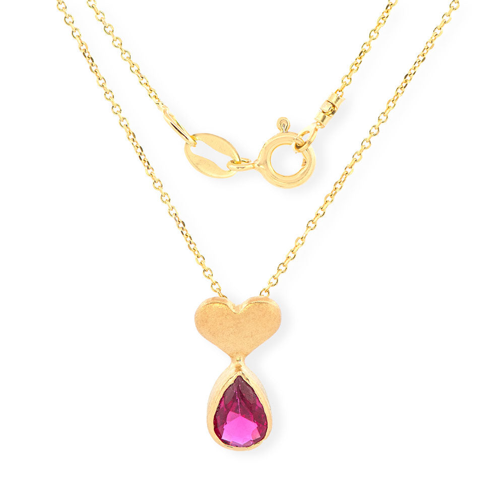 Handmade Gold Plated Silver Necklace With Heart And Tear With Red Zircon - Anthos Crafts