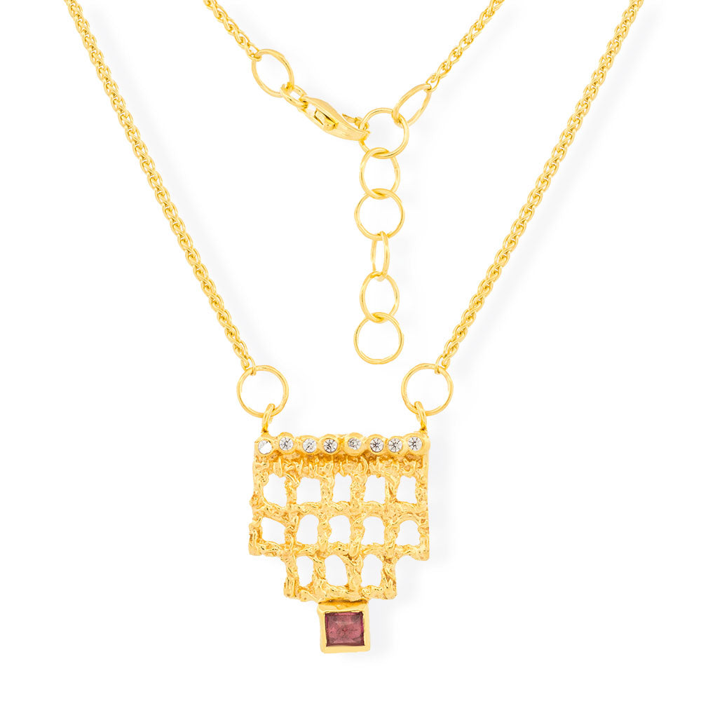 Handmade Gold Plated Silver Necklace With Red Gemstone &amp; Zircons - Anthos Crafts