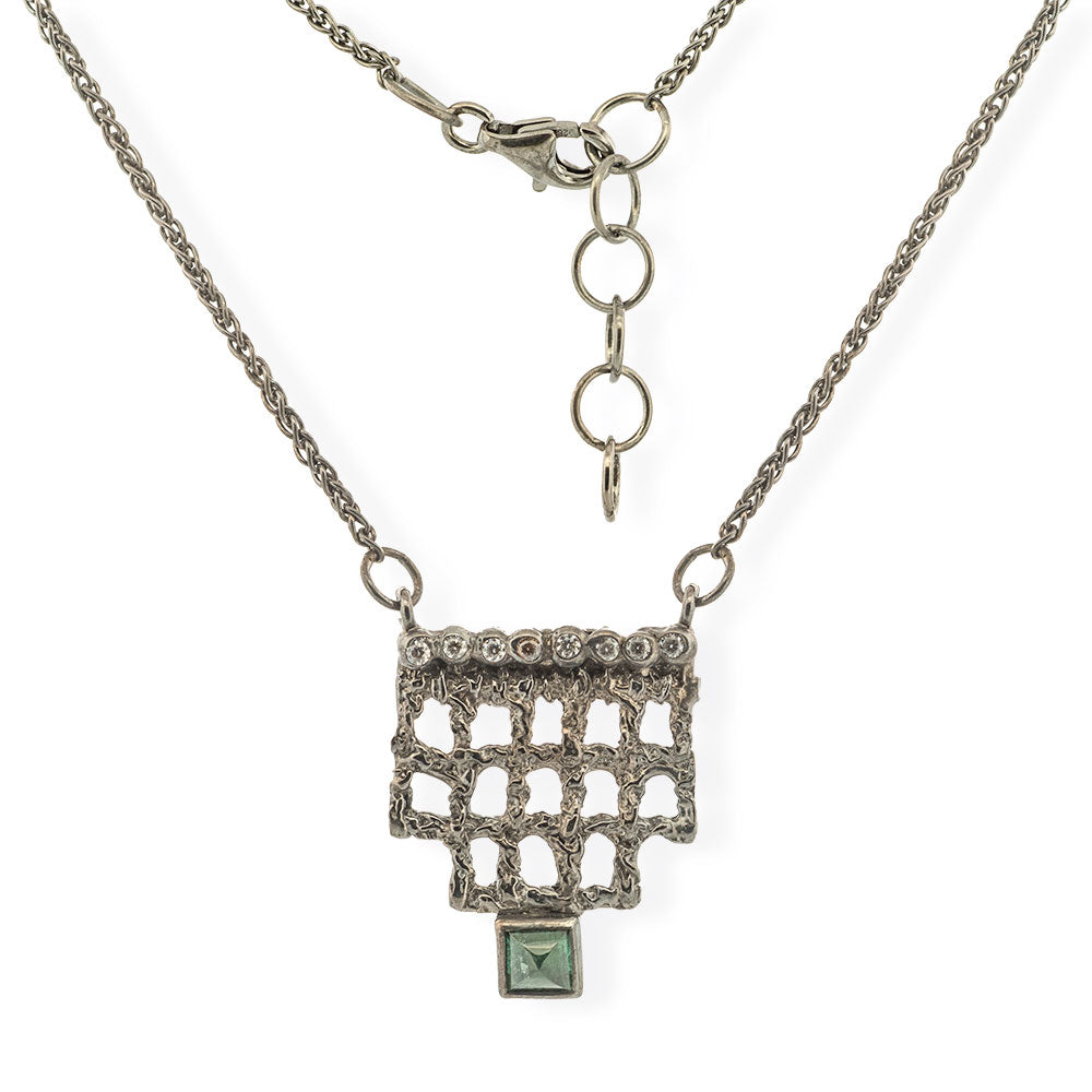 Handmade Black Plated Silver Necklace With Green Gemstone &amp; Zircons - Anthos Crafts