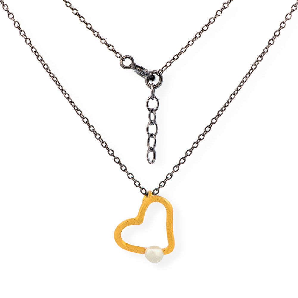Handmade Gold & Black Silver Necklace Heart With Pearl - Anthos Crafts