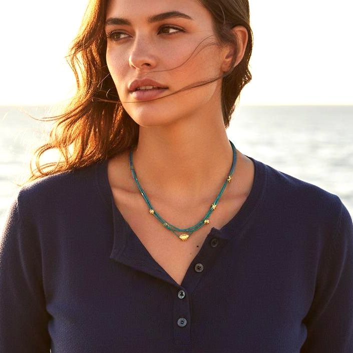 Handmade Sky Blue Layered Necklace with Gold Plated Silver Sea Elements - Anthos Crafts