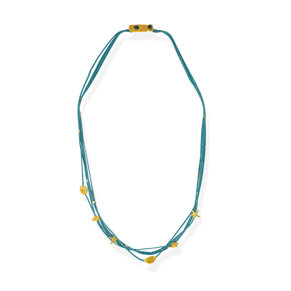 Handmade Sky Blue Layered Necklace with Gold Plated Silver Sea Elements - Anthos Crafts