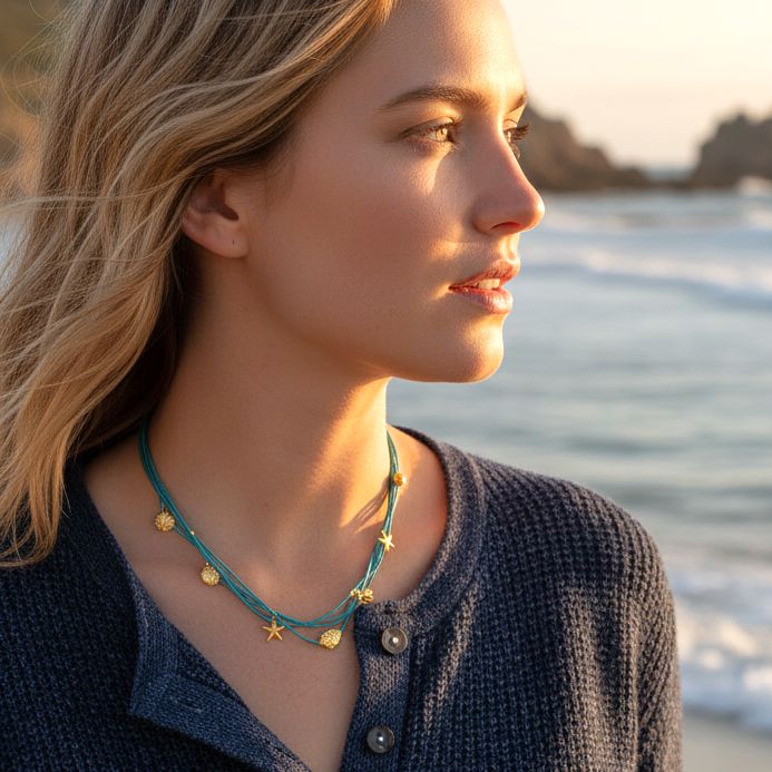 Handmade Sky Blue Layered Necklace with Gold Plated Silver Sea Elements - Anthos Crafts