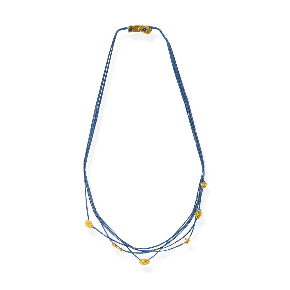 Handmade Blue Layered Necklace with Gold Plated Silver Sea Elements - Anthos Crafts