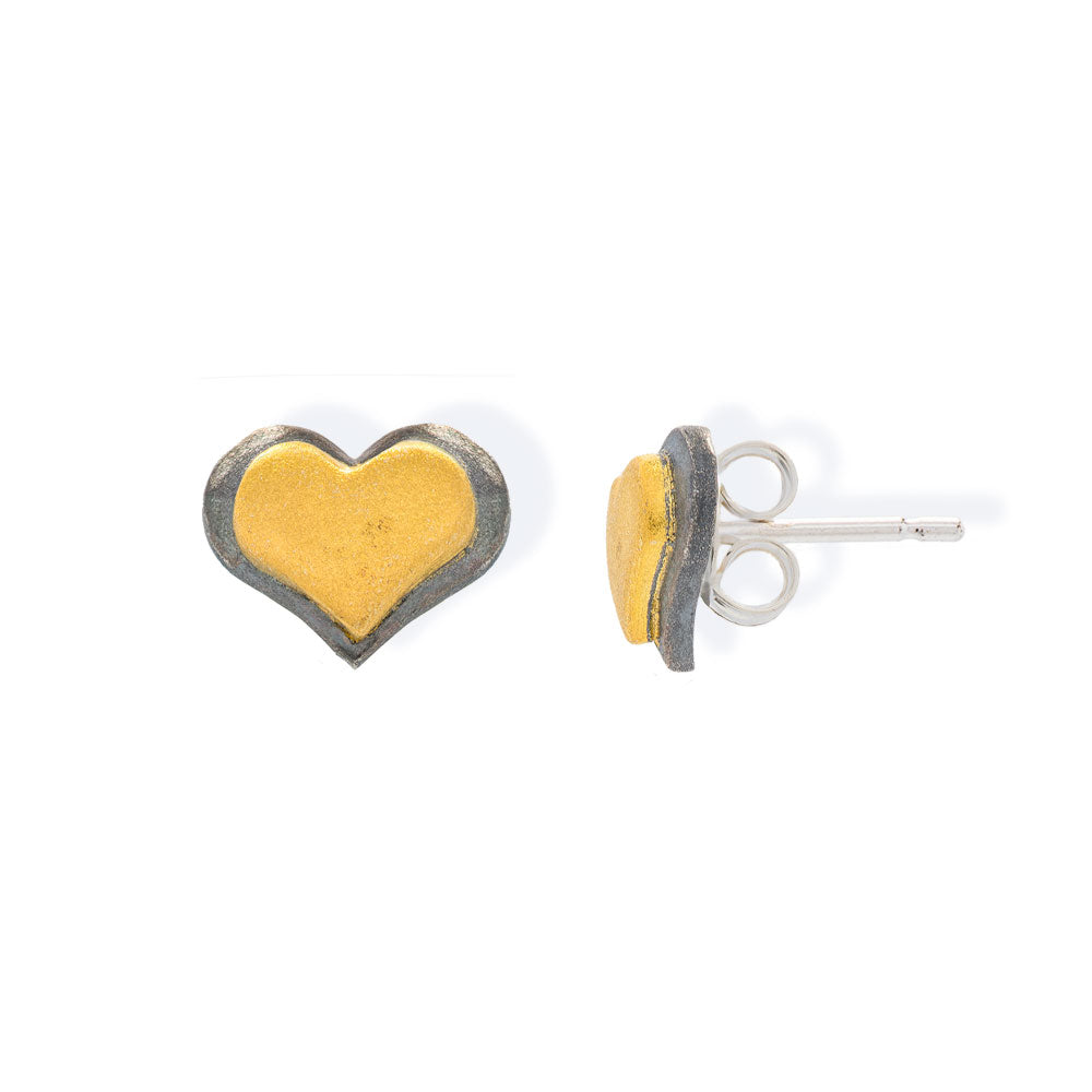 Handmade Gold & Black Plated Silver Stud Earrings Little Hearts - Anthos Crafts
