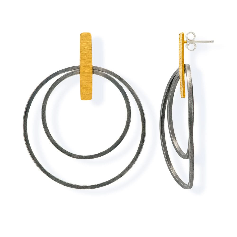 Handmade Gold & Black Plated Silver Stud Earrings Double Circles - Anthos Crafts