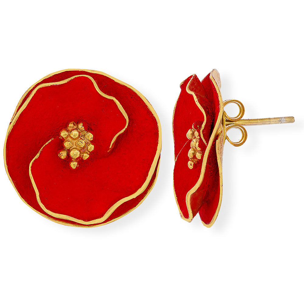 Handmade Gold Plated Silver Red Flower Stud Earrings - Anthos Crafts
