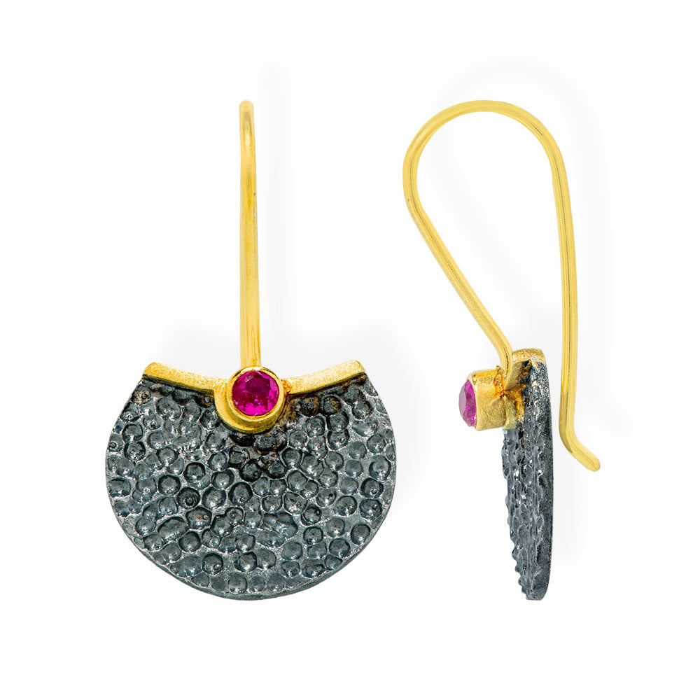 Handmade Gold & Black Silver Hammered Earrings With Red Zircons