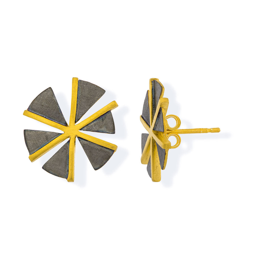 Handmade Gold & Black Plated Silver Stud Earrings Windmills - Anthos Crafts