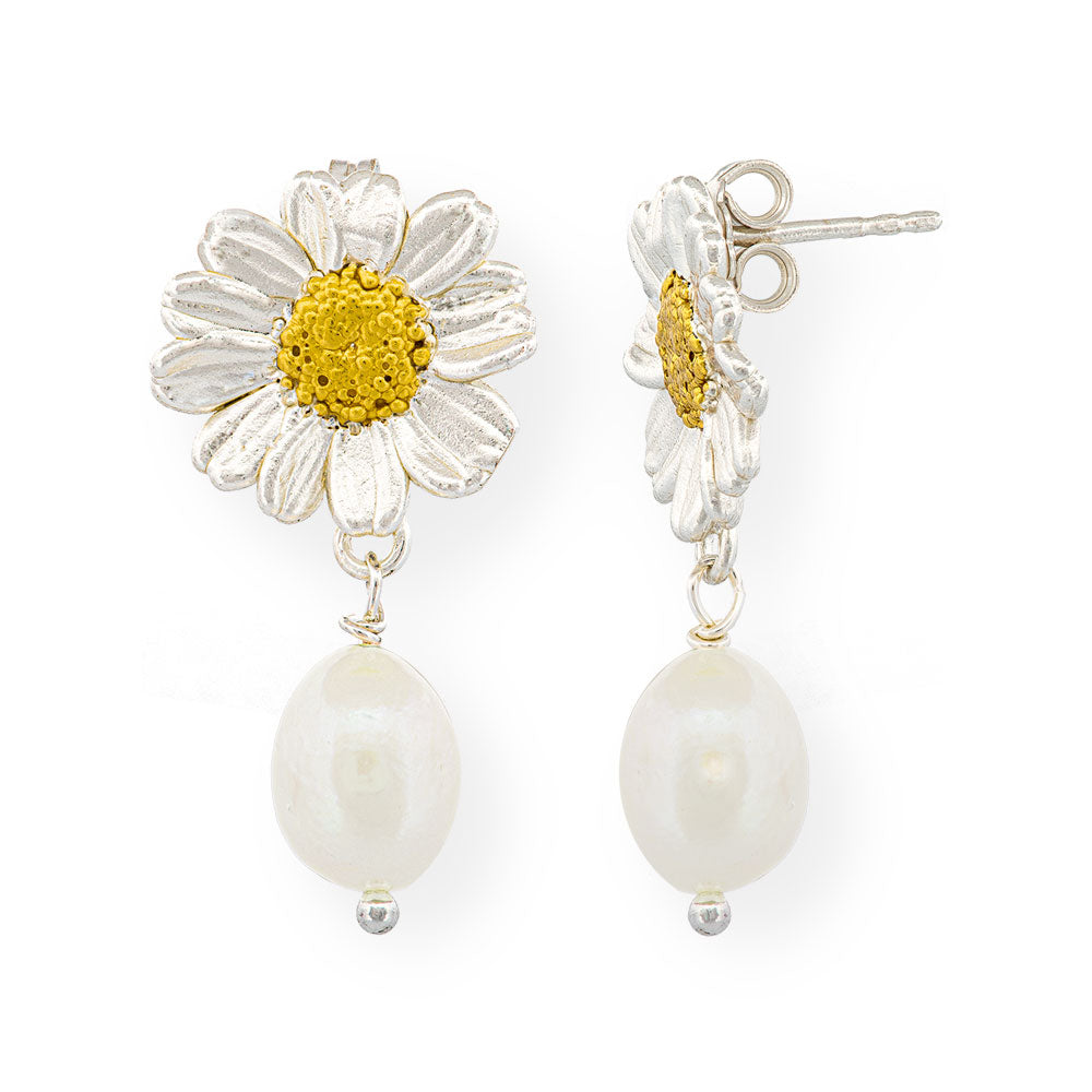 Handmade Gold Plated Silver Daisy Earrings With Pearls Ismini - Anthos Crafts