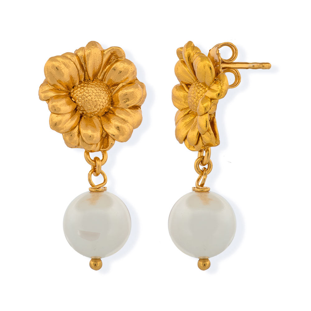 Handmade Gold Plated Silver Chrysanthemum Earrings With Pearls - Anthos Crafts