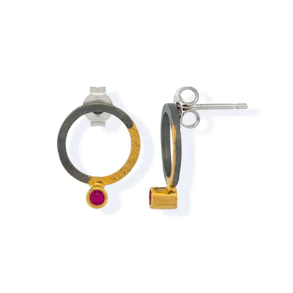 Handmade Gold & Black Plated Silver Stud Earrings Little Circles With Red Zircons - Anthos Crafts