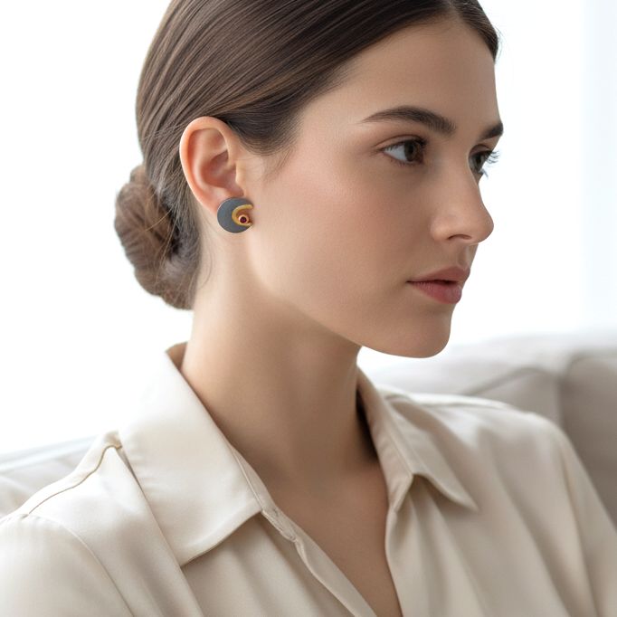 Handmade Gold & Black Plated Silver Stud Earrings Little Moons With Red Zircons - Anthos Crafts