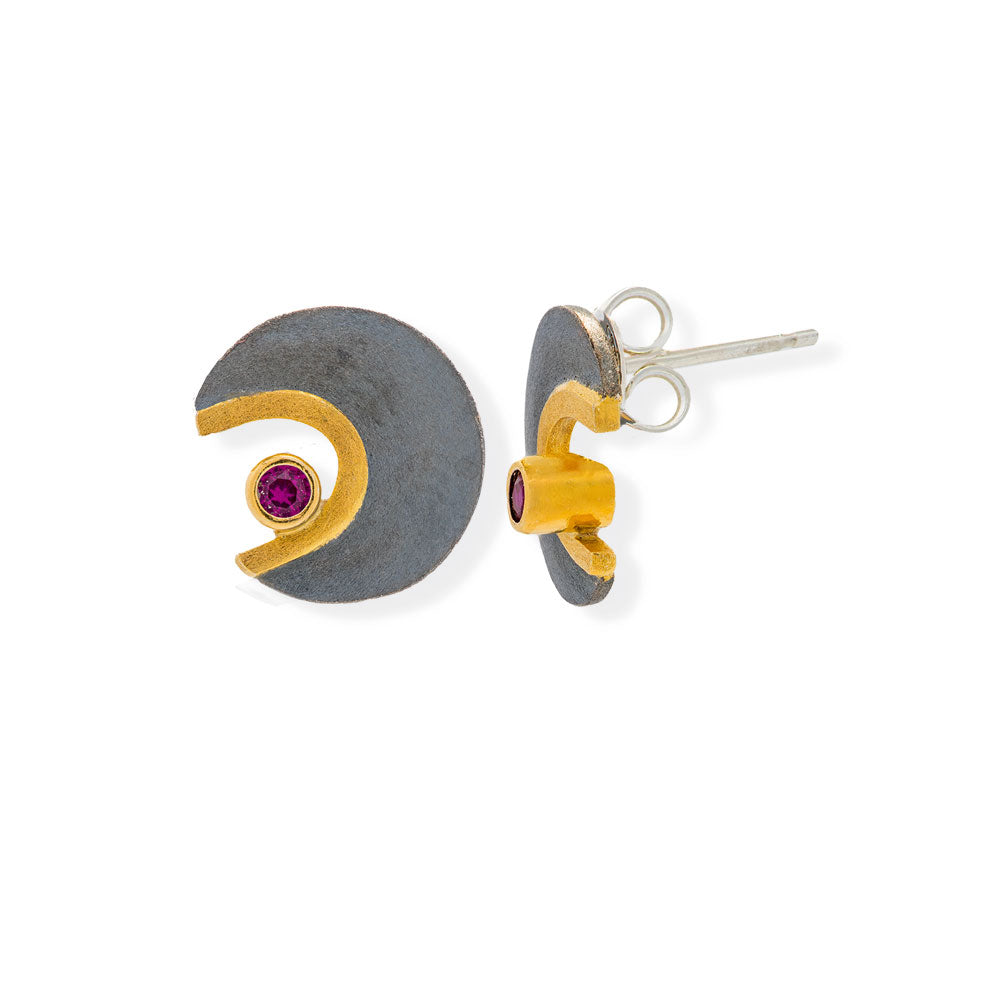 Handmade Gold & Black Plated Silver Stud Earrings Little Moons With Red Zircons - Anthos Crafts