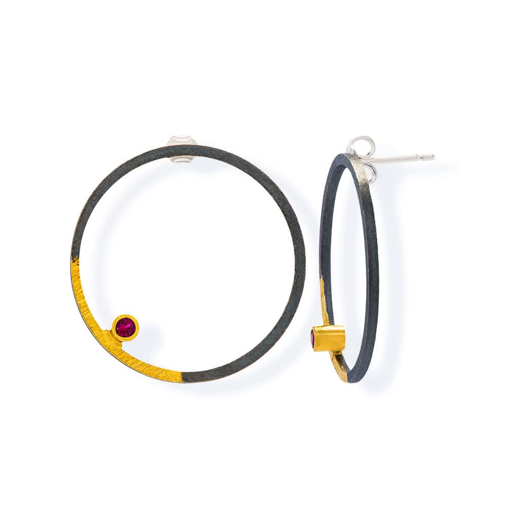 Handmade Gold & Black Plated Silver Stud Earrings Circles With Red Zircons - Anthos Crafts