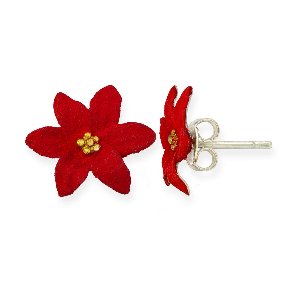 Handmade Silver Stud Earrings Little Red Flowers - Anthos Crafts