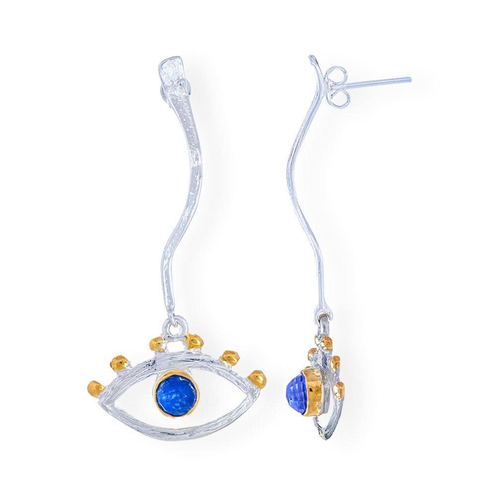 Handmade Gold Plated Silver Earrings Evil Eyes With Blue Crystal - Anthos Crafts