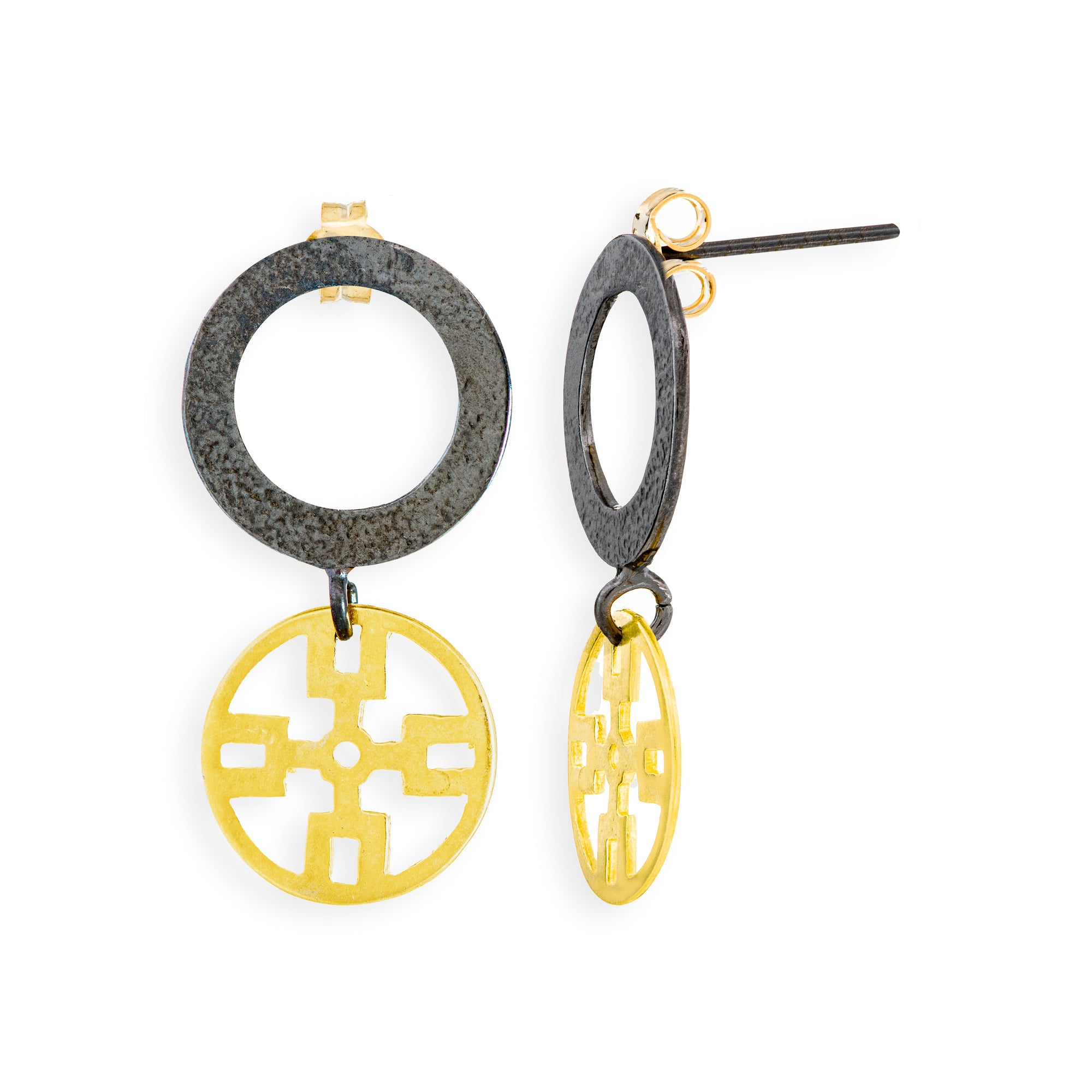 Handmade Gold & Black Plated Silver Earrings Circles - Anthos Crafts