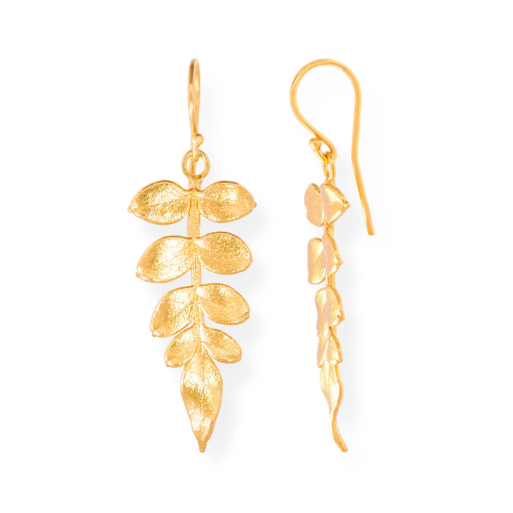 Handmade Gold Plated Silver Dangle Earrings Jasmine Leaves - Anthos Crafts