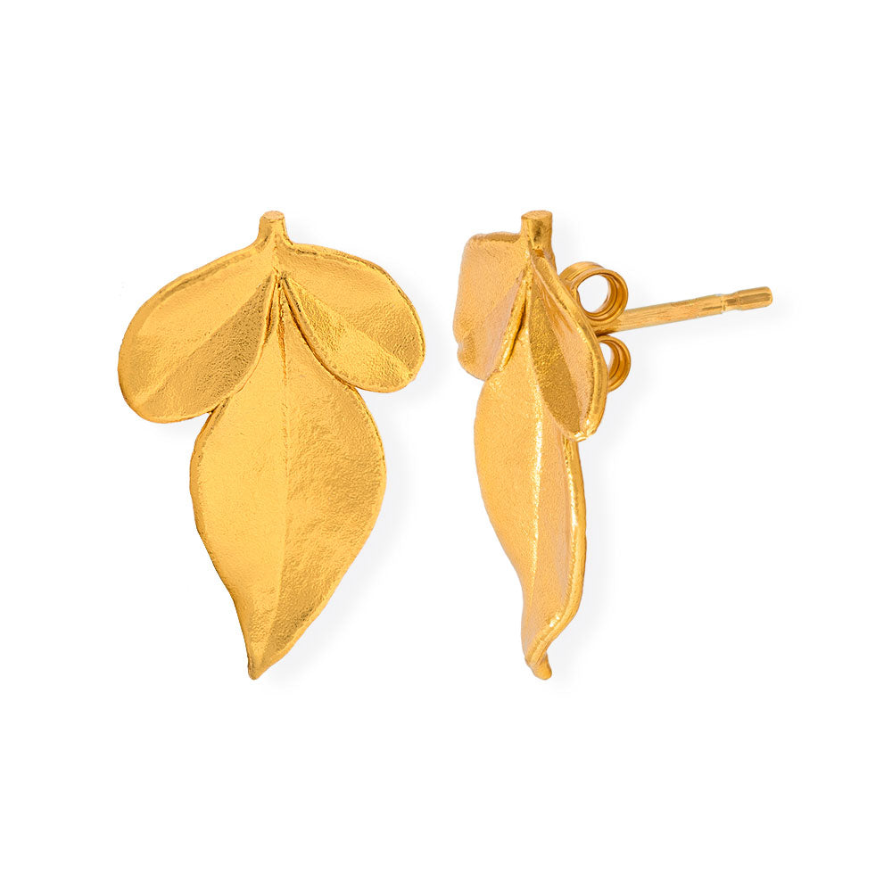 Handmade Gold Plated Silver Stud Earrings Jasmine Leaves - Anthos Crafts