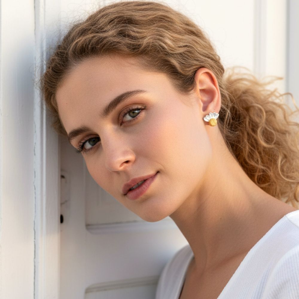 Handmade Gold Plated Silver Stud Earrings Half Wild Daisy