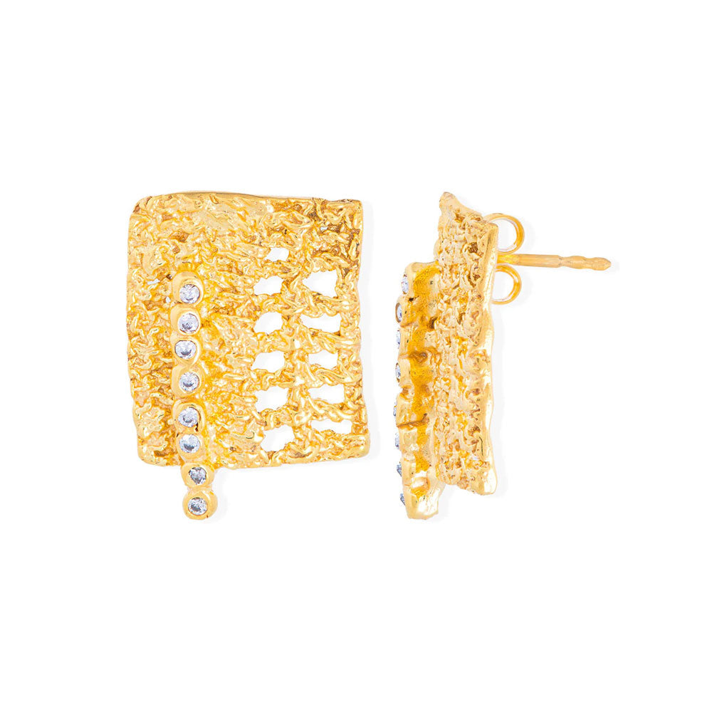 Handmade Gold Plated Silver Stud Earrings Rectangular With Zircons - Anthos Crafts