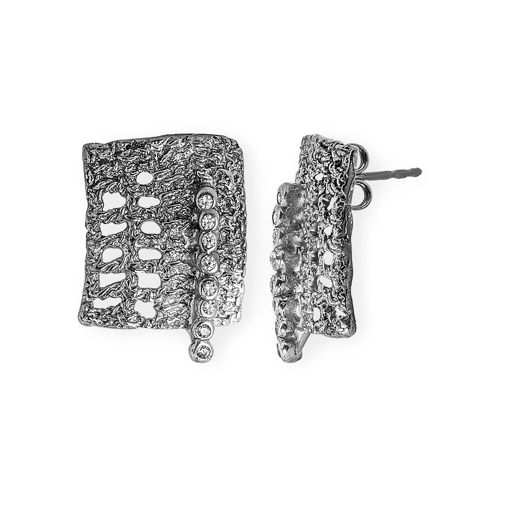 Handmade Black Plated Silver Stud Earrings Rectangular With Zircons - Anthos Crafts