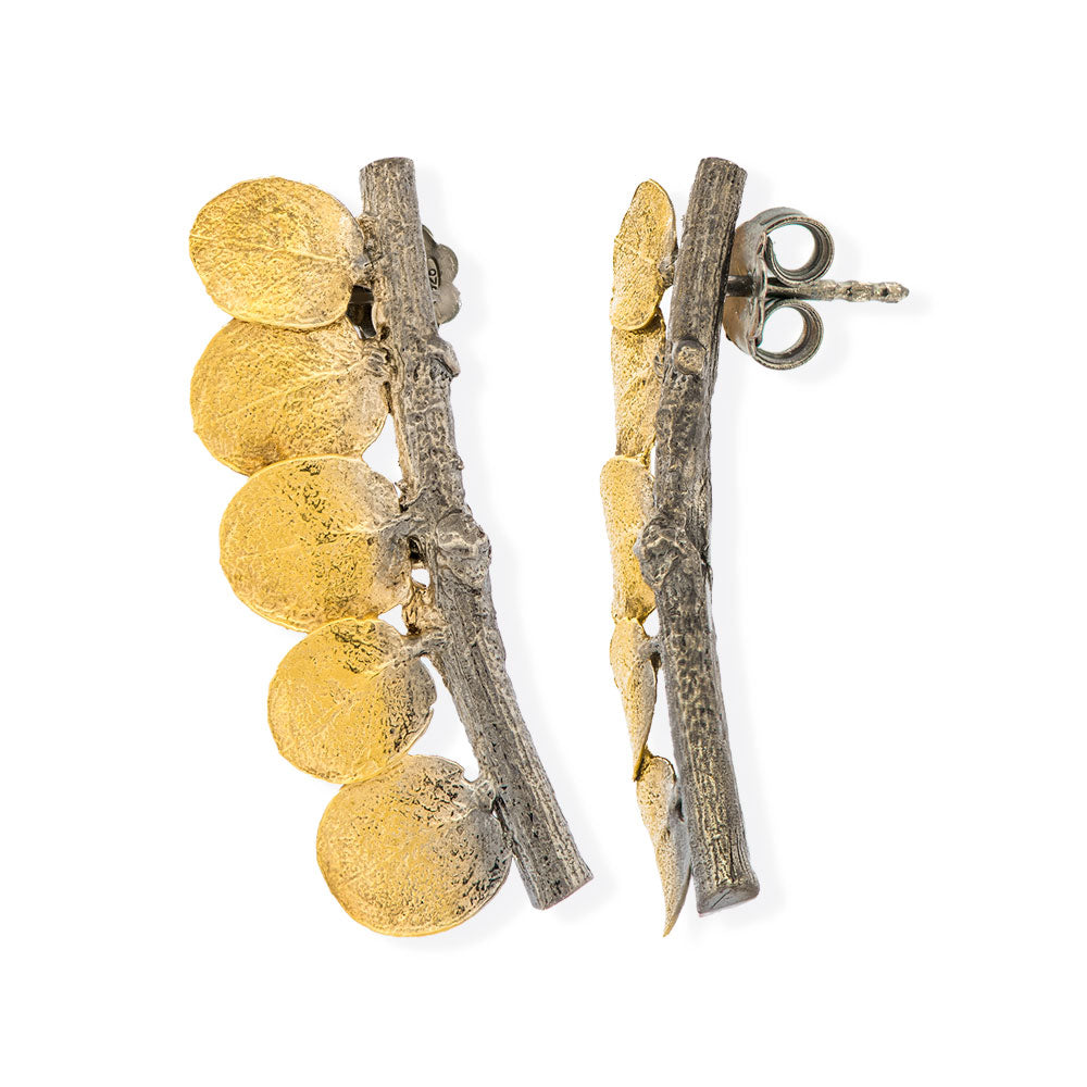 Handmade Gold &amp; Black Plated Silver Earrings Branches With Leaves - Anthos Crafts