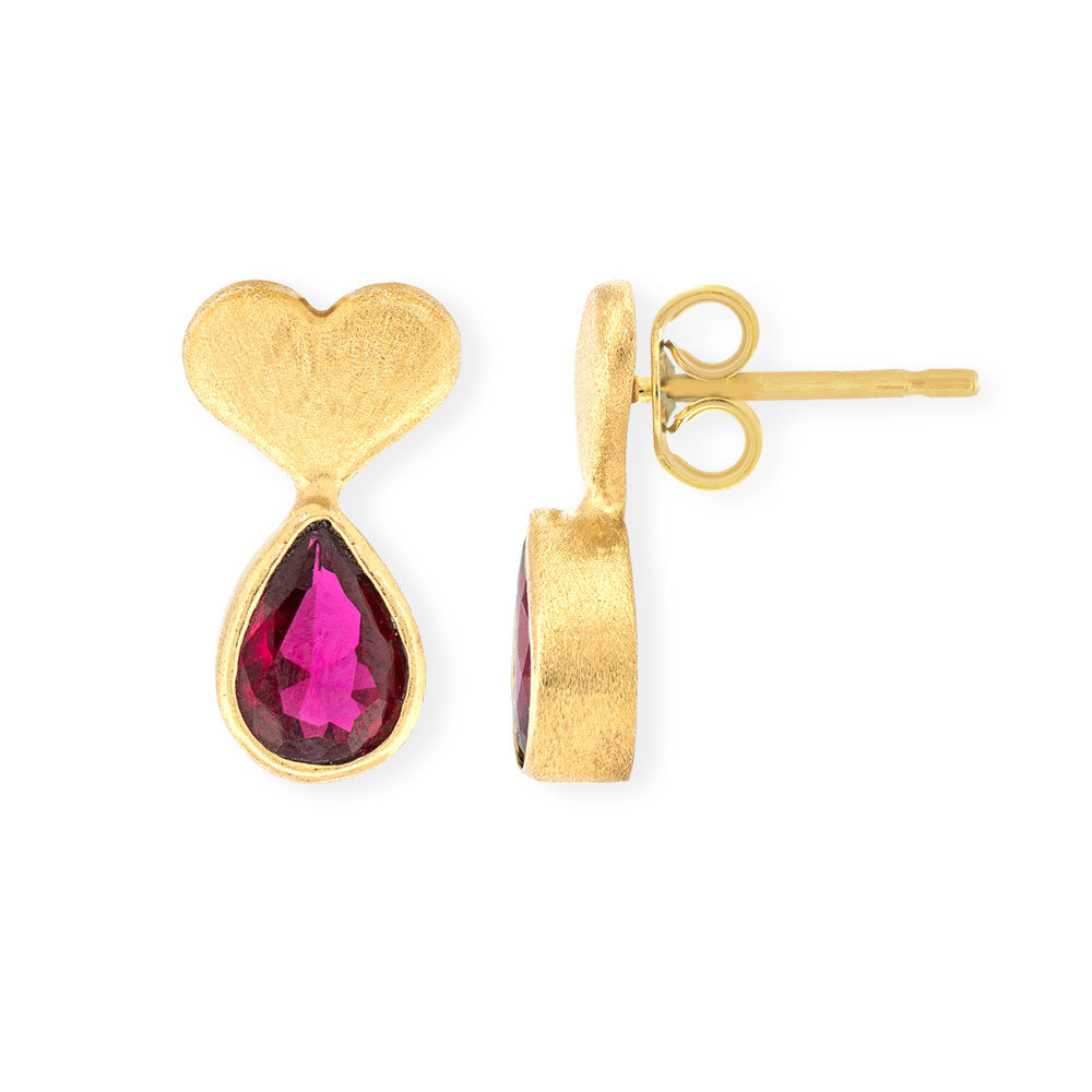 Handmade Gold Plated Silver Stud Earrings With Heart & Tear With Red Zircon - Anthos Crafts