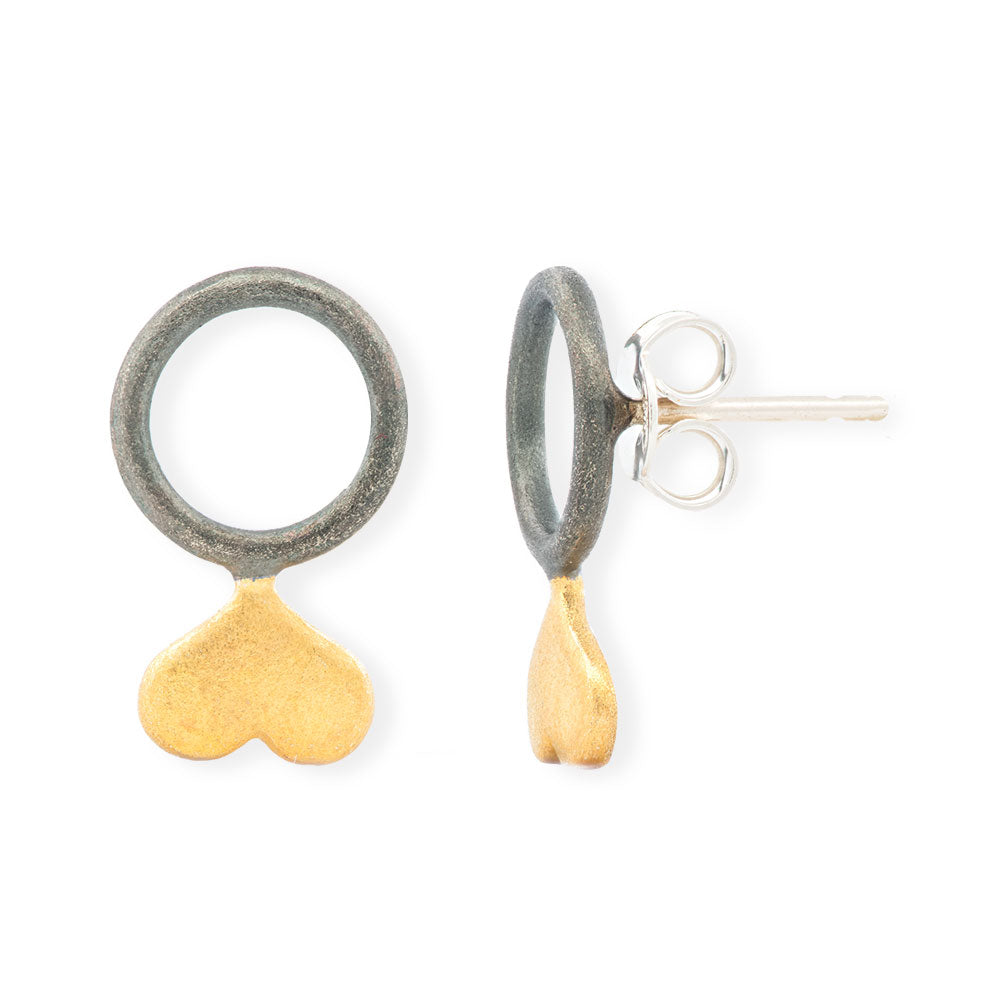 Handmade Gold &amp; Black Plated Silver Stud Earrings With Heart &amp; Black Circle - Anthos Crafts