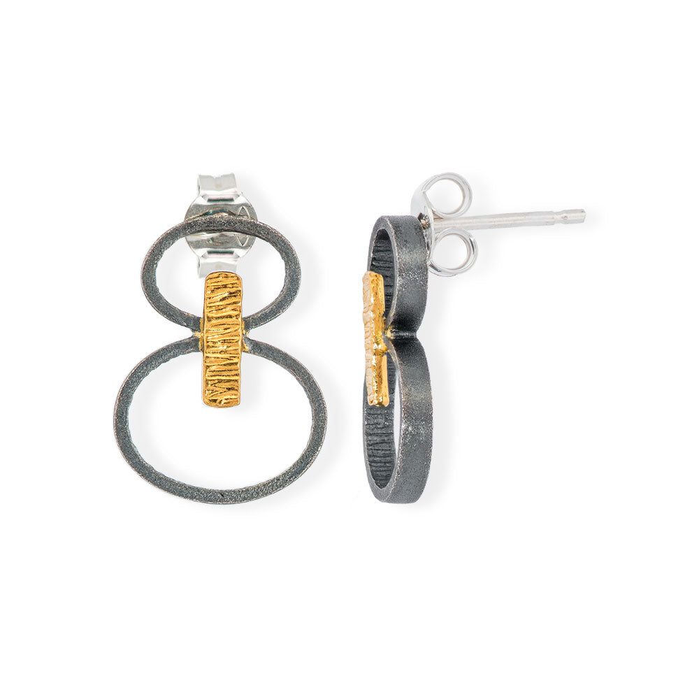 Handmade Gold &amp; Black Plated Silver Stud Earrings Double Oval Circles - Anthos Crafts