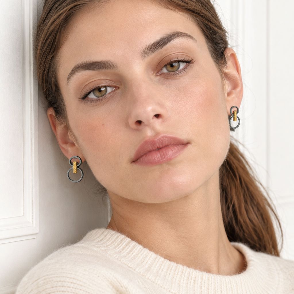 Handmade Gold & Black Plated Silver Stud Earrings Double Oval Circles - Anthos Crafts